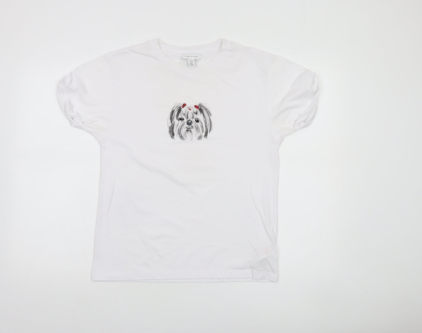 Topshop Women White Dog Print Cotton Blend Short Sleeve T-Shirt Size 10