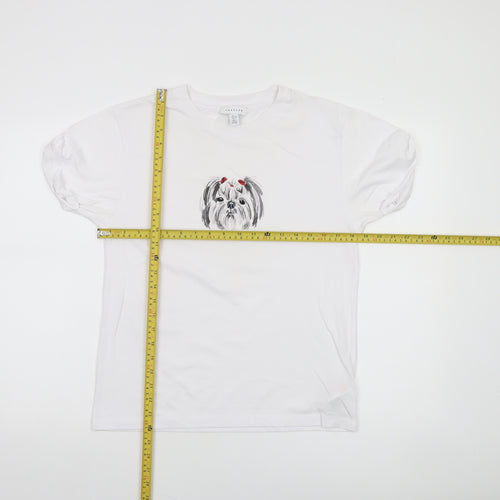 Topshop Women White Dog Print Cotton Blend Short Sleeve T-Shirt Size 10