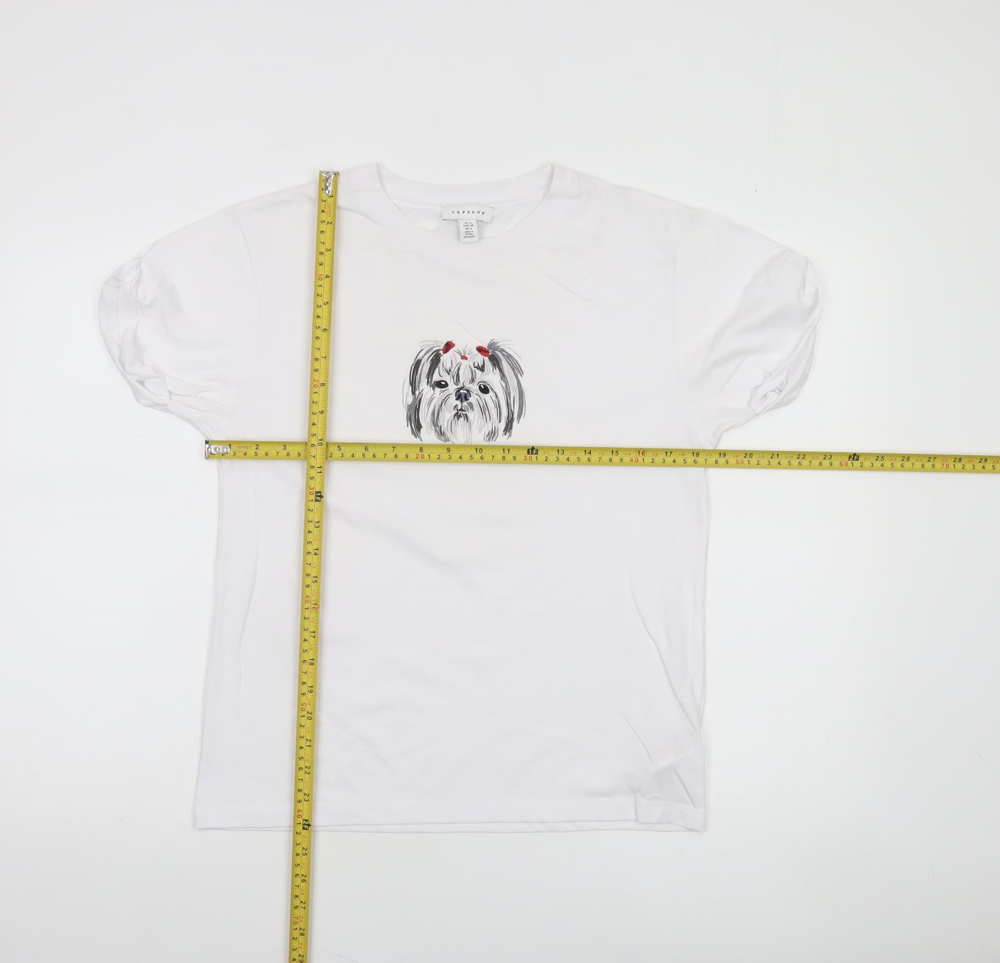 Topshop Women White Dog Print Cotton Blend Short Sleeve T-Shirt Size 10