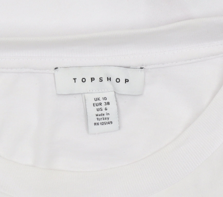 Topshop Women White Dog Print Cotton Blend Short Sleeve T-Shirt Size 10