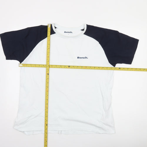 Bench Men’s White and Navy Raglan Crew Neck Cotton T-Shirt Size L