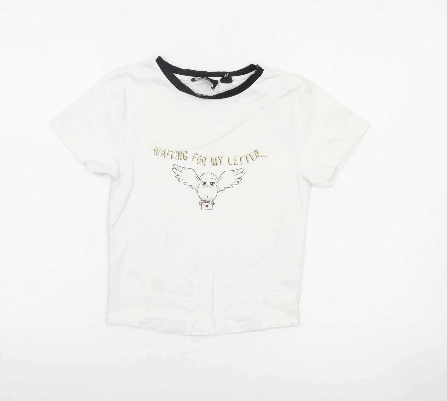 Harry Potter Girls White Black Ringer T-Shirt Age 12-13 Graphic Owl Top
