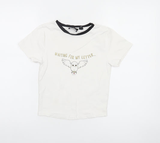 Harry Potter Girls White Black Ringer T-Shirt Age 12-13 Graphic Owl Top