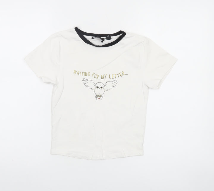 Harry Potter Girls White Black Ringer T-Shirt Age 12-13 Graphic Owl Top