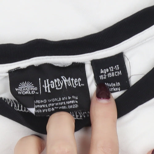 Harry Potter Girls White Black Ringer T-Shirt Age 12-13 Graphic Owl Top
