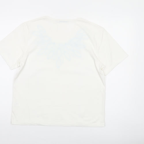 Poppy Womens White Floral V-Neck Short Sleeve T-Shirt Size 14