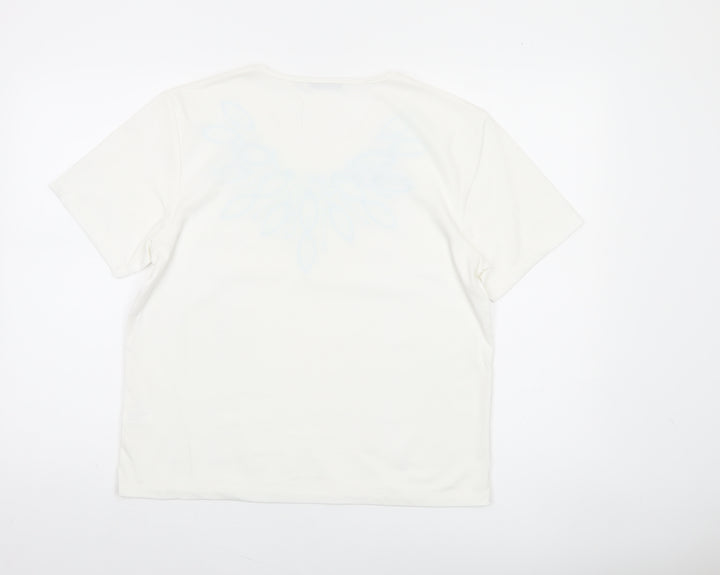 Poppy Womens White Floral V-Neck Short Sleeve T-Shirt Size 14
