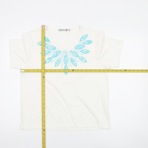 Poppy Womens White Floral V-Neck Short Sleeve T-Shirt Size 14