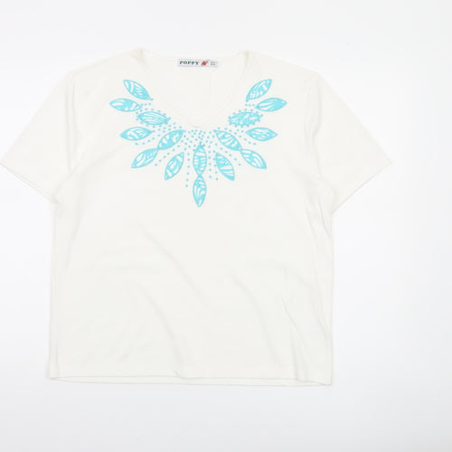 Poppy Womens White Floral V-Neck Short Sleeve T-Shirt Size 14