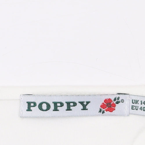 Poppy Womens White Floral V-Neck Short Sleeve T-Shirt Size 14
