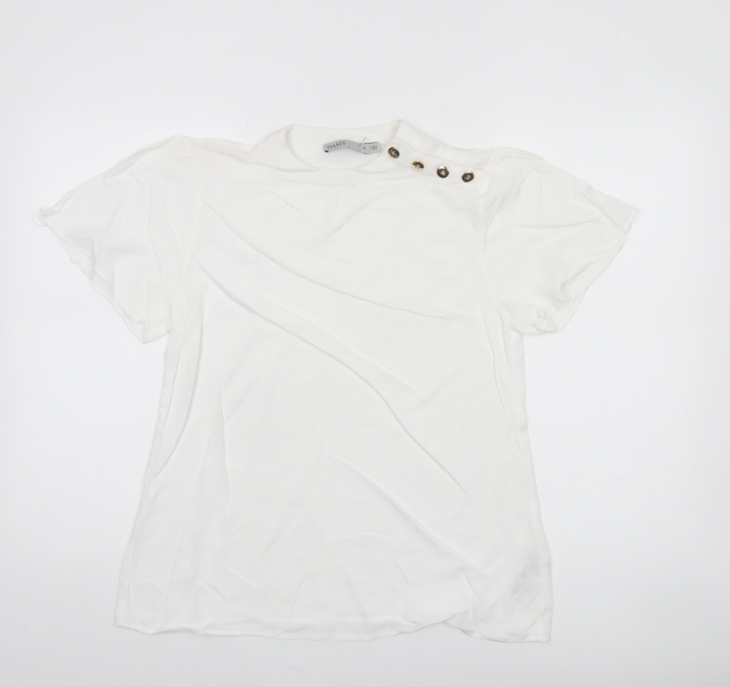 Oasis Women’s White Short Sleeve High Neck Button Detail Blouse Size 10