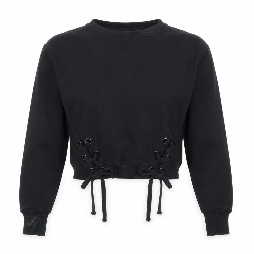 Front view of Find Black Lace-Up Hem Crew Neck Pullover Sweatshirt XS Women