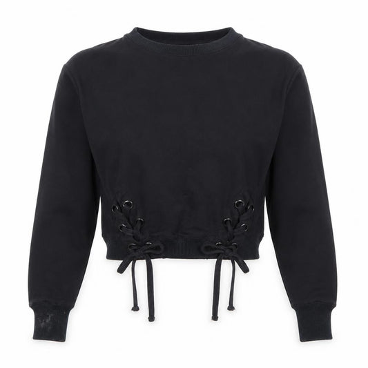 Front view of Find Black Lace-Up Hem Crew Neck Pullover Sweatshirt XS Women