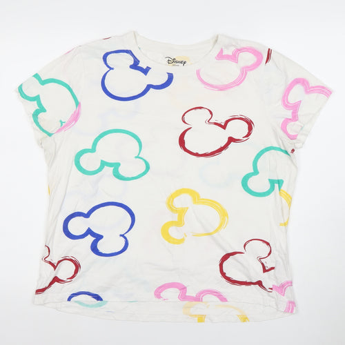 Disney Women White Multicoloured Mickey T-Shirt Size L 14/16 Cotton