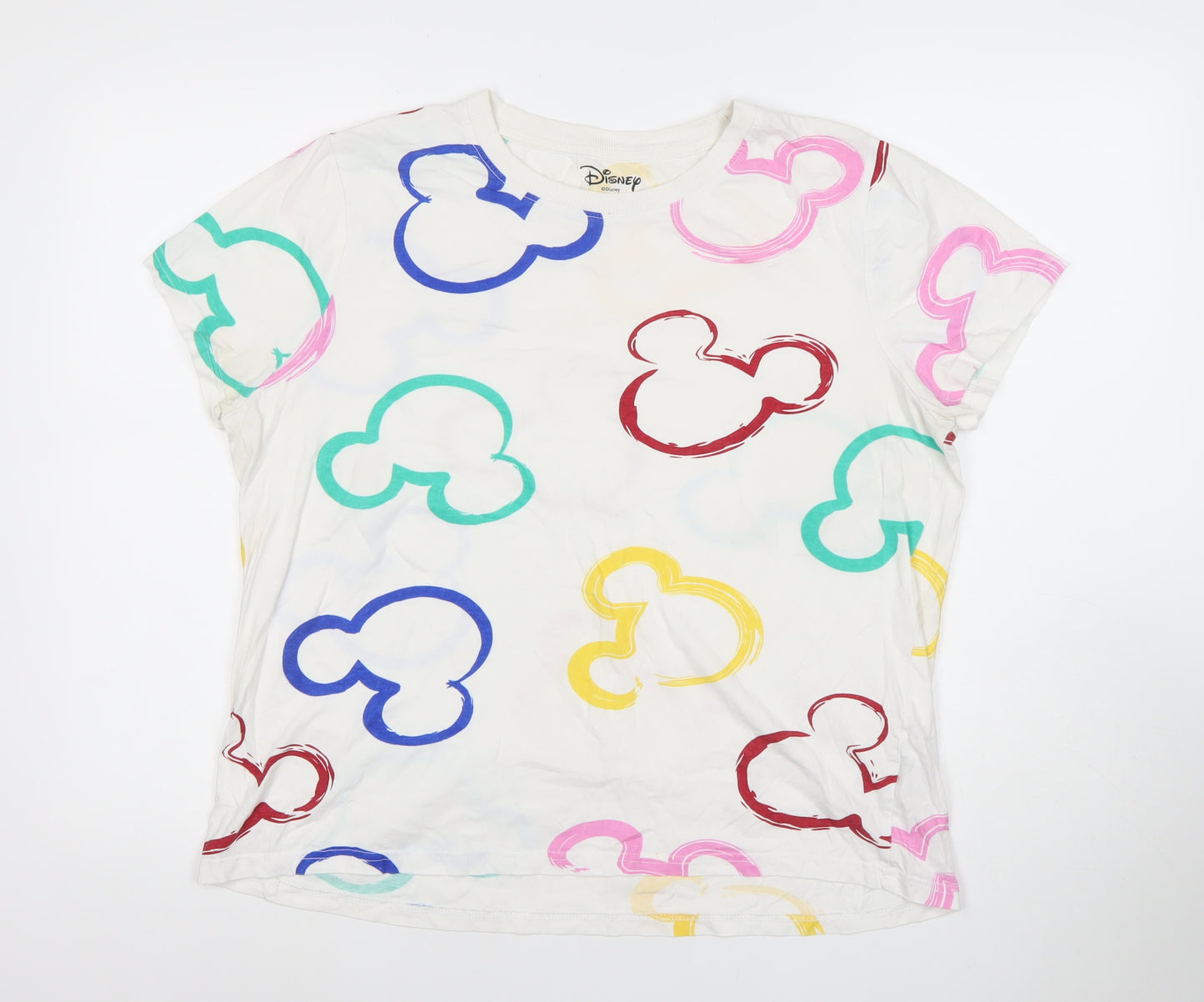 Disney Women White Multicoloured Mickey T-Shirt Size L 14/16 Cotton