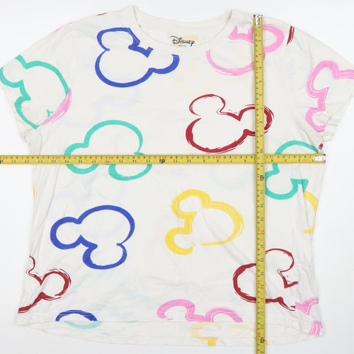 Disney Women White Multicoloured Mickey T-Shirt Size L 14/16 Cotton
