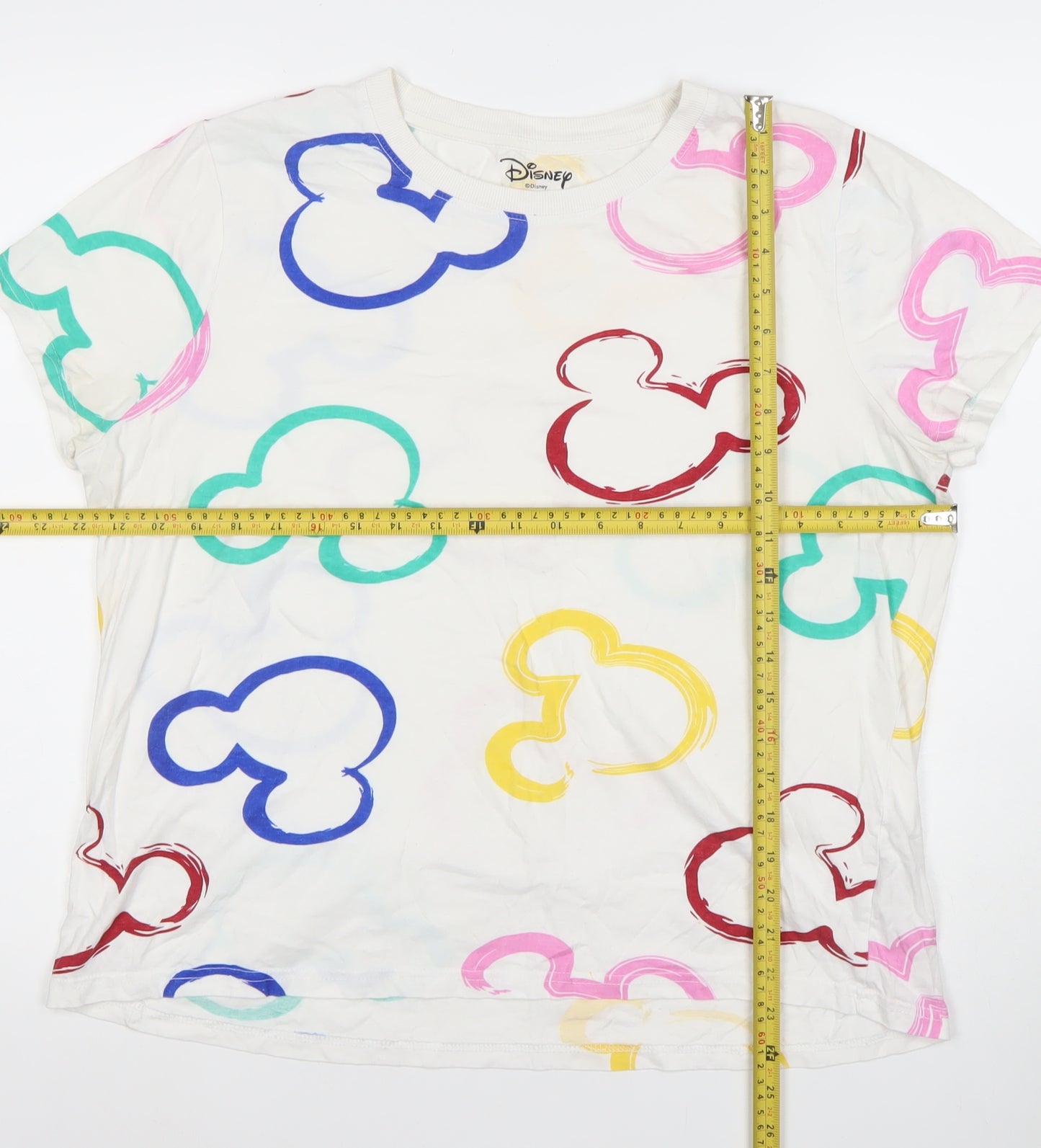 Disney Women White Multicoloured Mickey T-Shirt Size L 14/16 Cotton