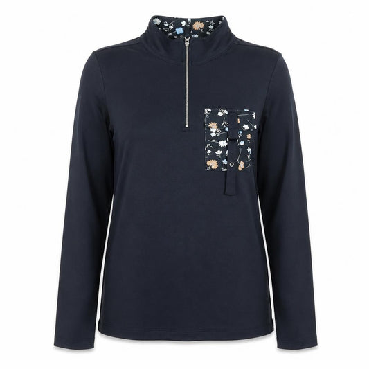 Front view of Julipa women’s navy floral trim 1/2 zip pullover sweatshirt, size UK 12