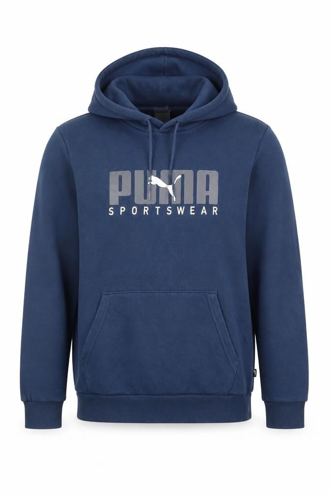 Front view of Puma boys’ navy blue pullover hoodie small cotton blend sportswear