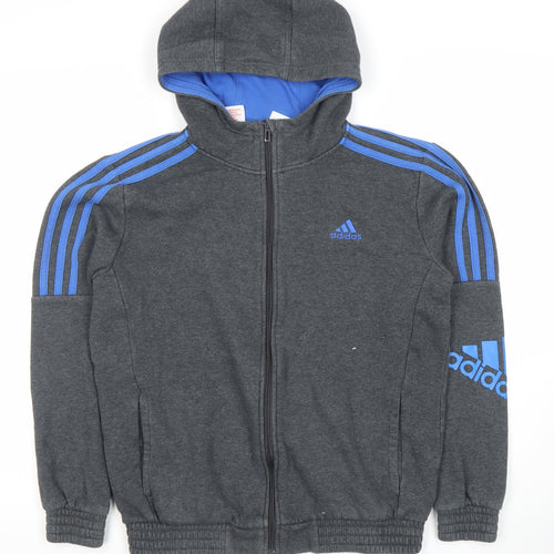 Adidas Boys Dark Grey Full Zip Hoodie 13-14 Years Cotton Blend Logo