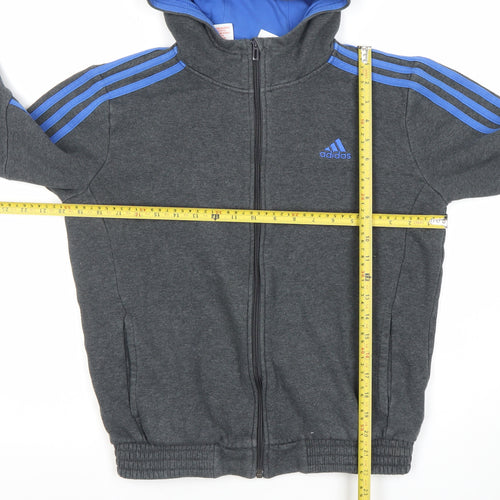 Adidas Boys Dark Grey Full Zip Hoodie 13-14 Years Cotton Blend Logo