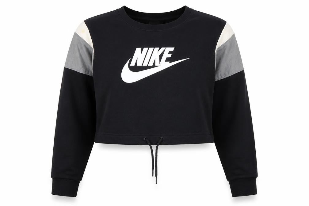 Front view of Nike Women's Black Cropped Pullover Sweatshirt S Colourblock Logo
