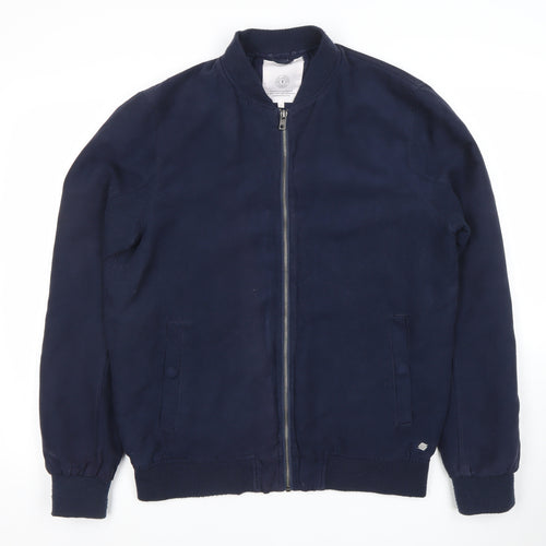 Solid Men Blue L Bomber Jacket Full Zip Polyester Lined Casual