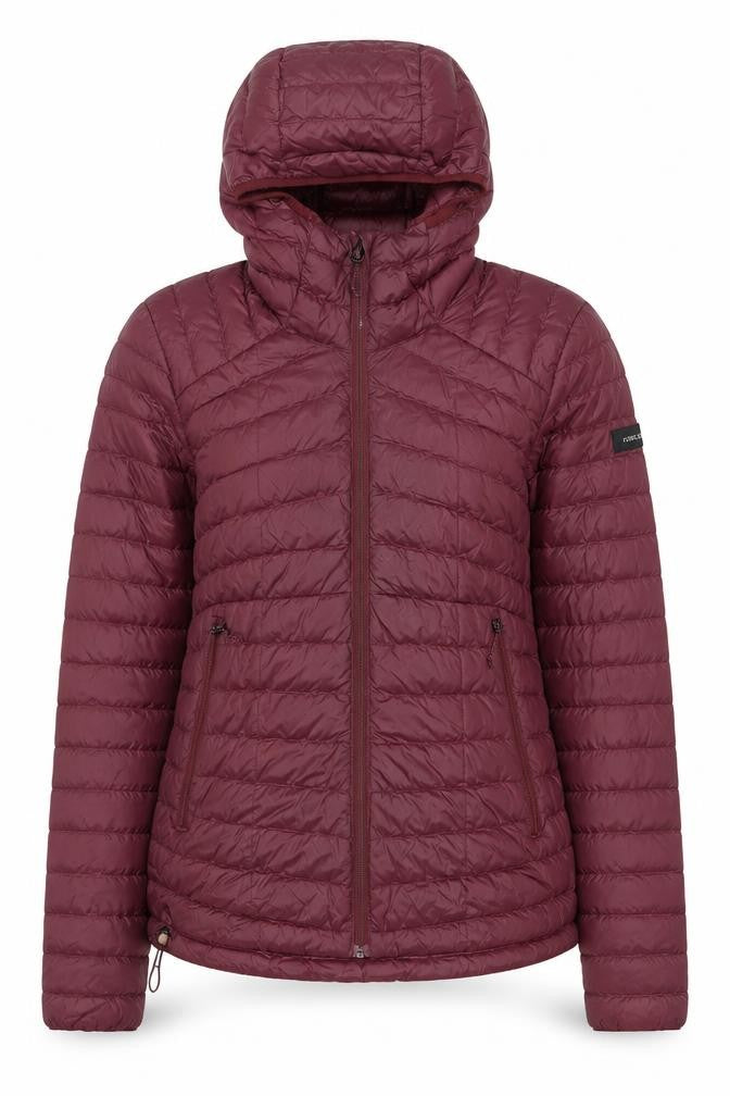 Front view of Decathlon Women's Red Hooded Puffer Jacket XS Lightweight Down Warm Coat