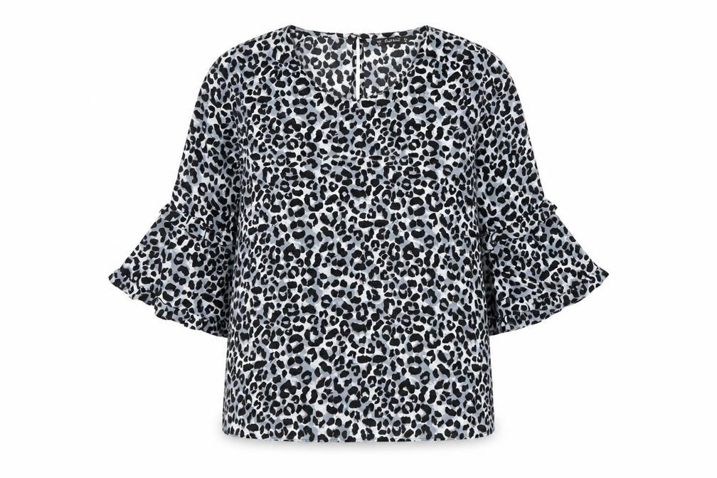 Dunnes Women’s Black Leopard Print Ruffle Sleeve Tunic Blouse Size M