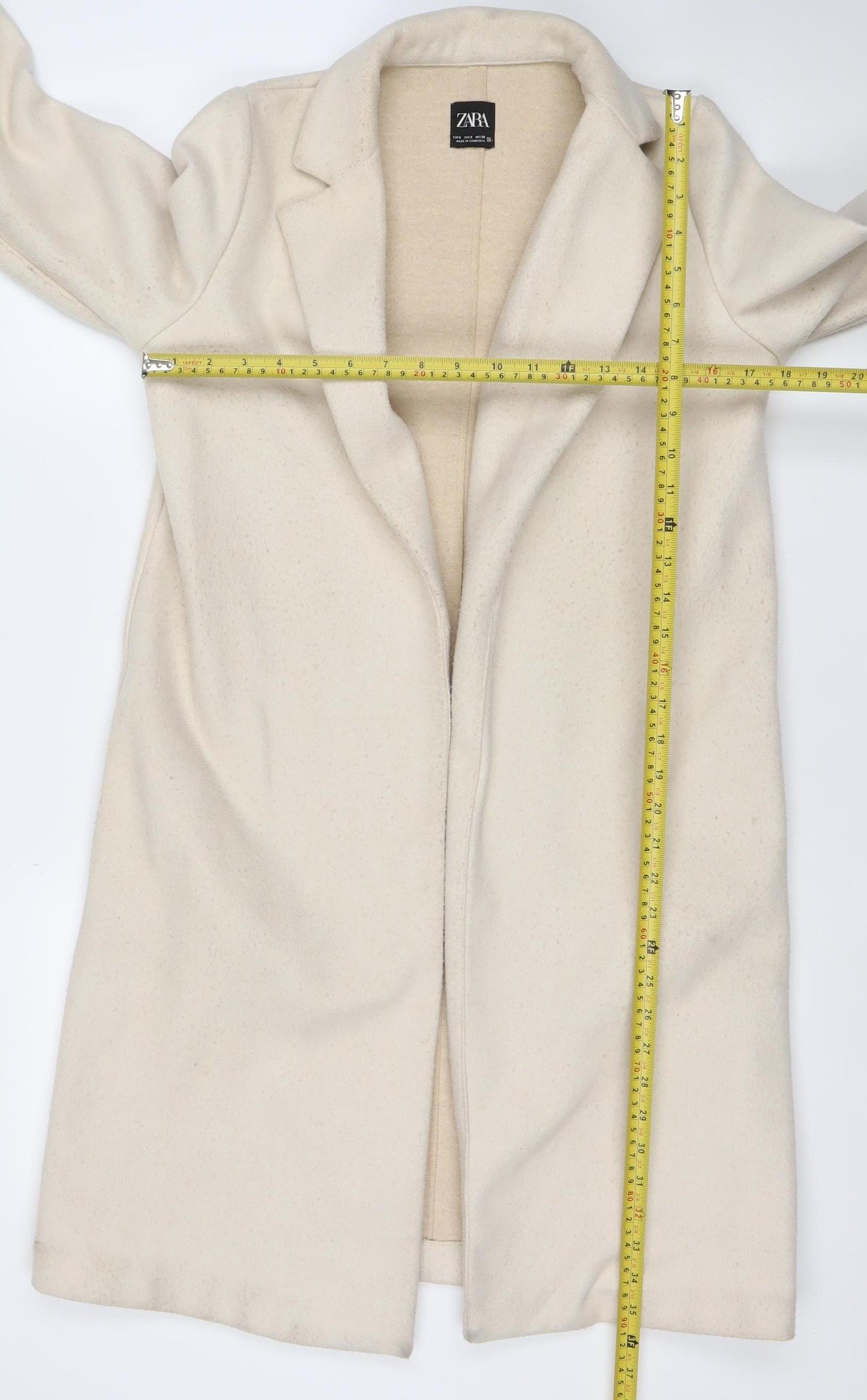 Zara Women Beige Long Open Coat Size S Classic Overcoat