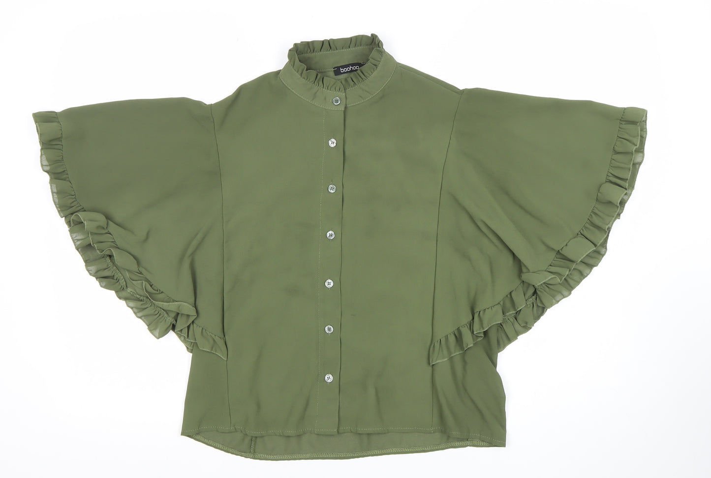 Boohoo Women’s Green Ruffle Short Sleeve Tunic Blouse Size 10