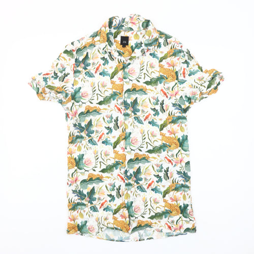 River Island Men’s Multicoloured Tropical Animal Print Short Sleeve Button-Up Shirt Size S