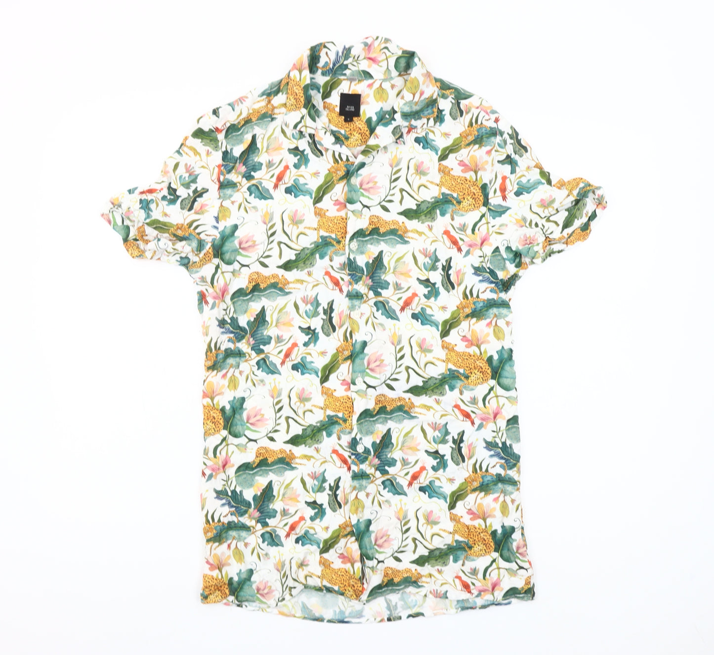 River Island Men’s Multicoloured Tropical Animal Print Short Sleeve Button-Up Shirt Size S