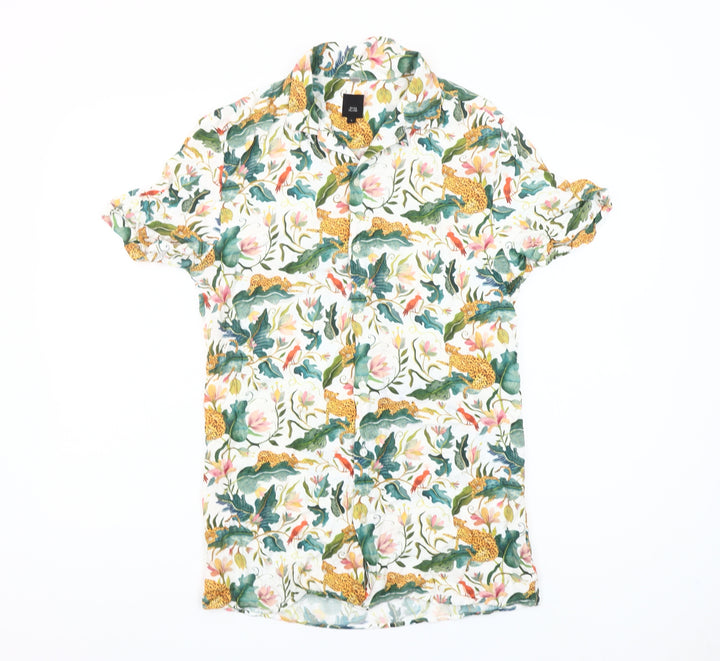 River Island Men’s Multicoloured Tropical Animal Print Short Sleeve Button-Up Shirt Size S
