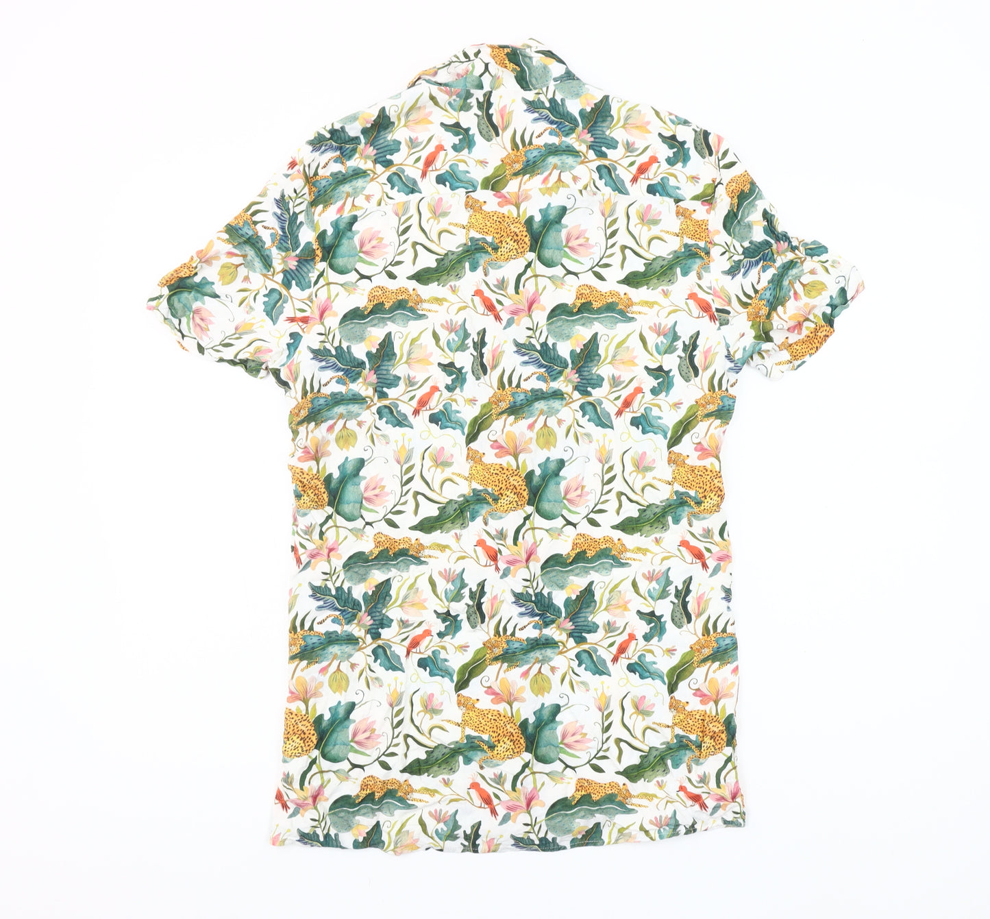 River Island Men’s Multicoloured Tropical Animal Print Short Sleeve Button-Up Shirt Size S