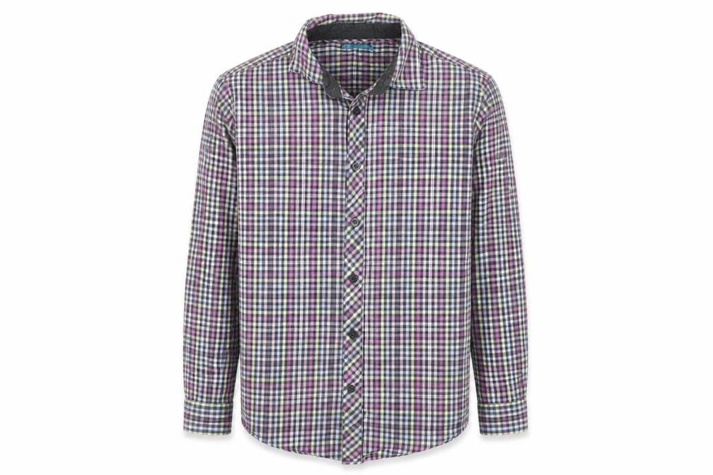 Front view of Marks & Spencer boys’ lilac check long sleeve button-up shirt age 13