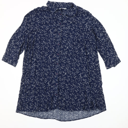 Lefties Womens Blue Floral 3/4 Sleeve Tunic Button-Up Shirt Size 12