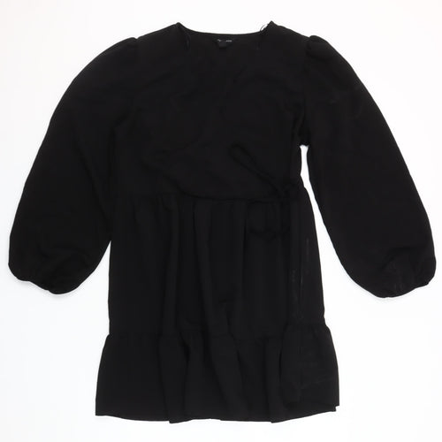 New Look Women’s Black Chiffon Wrap Dress Size 12 Long Sleeve Ruffle Hem