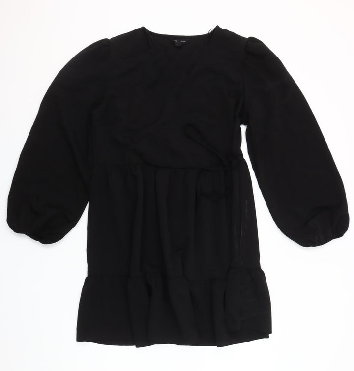 New Look Women’s Black Chiffon Wrap Dress Size 12 Long Sleeve Ruffle Hem