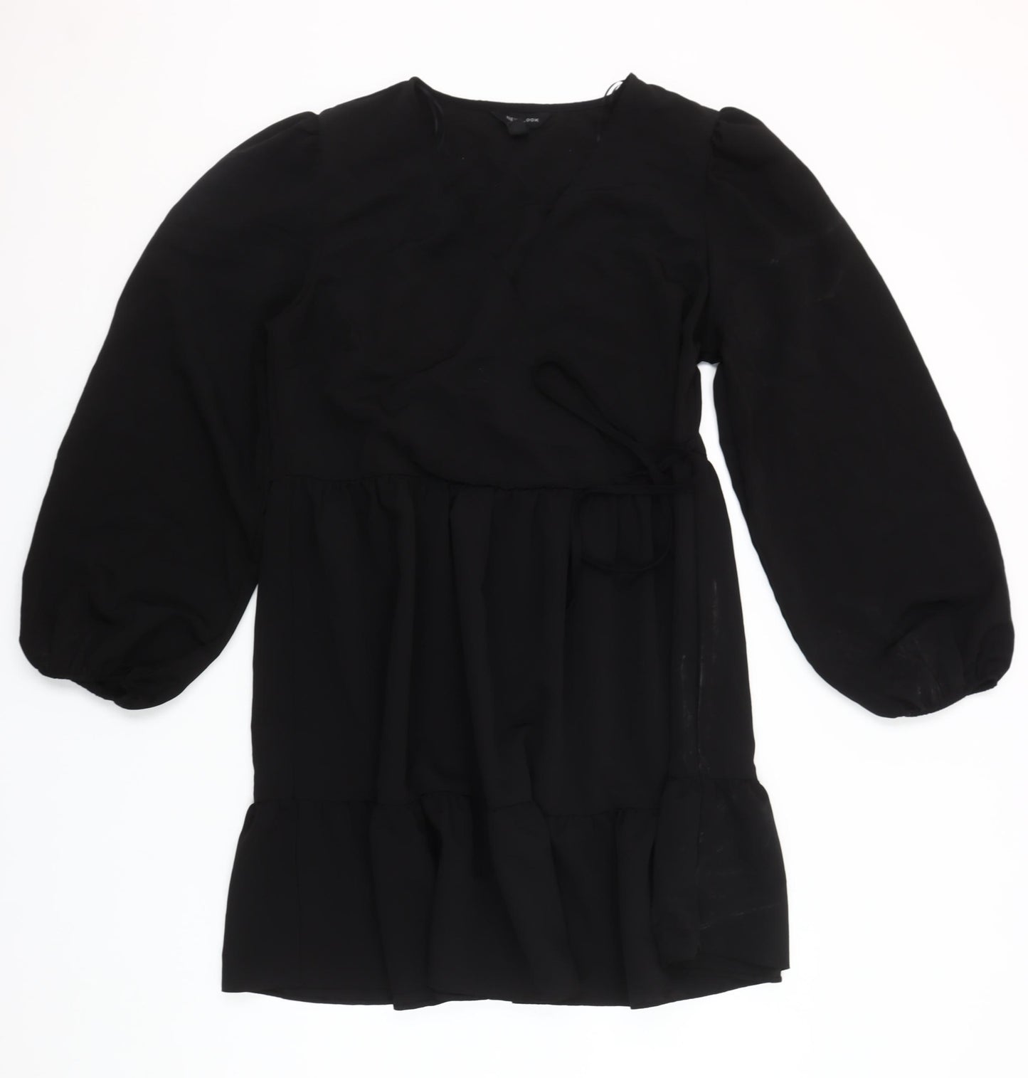 New Look Women’s Black Chiffon Wrap Dress Size 12 Long Sleeve Ruffle Hem