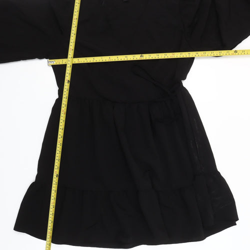 New Look Women’s Black Chiffon Wrap Dress Size 12 Long Sleeve Ruffle Hem