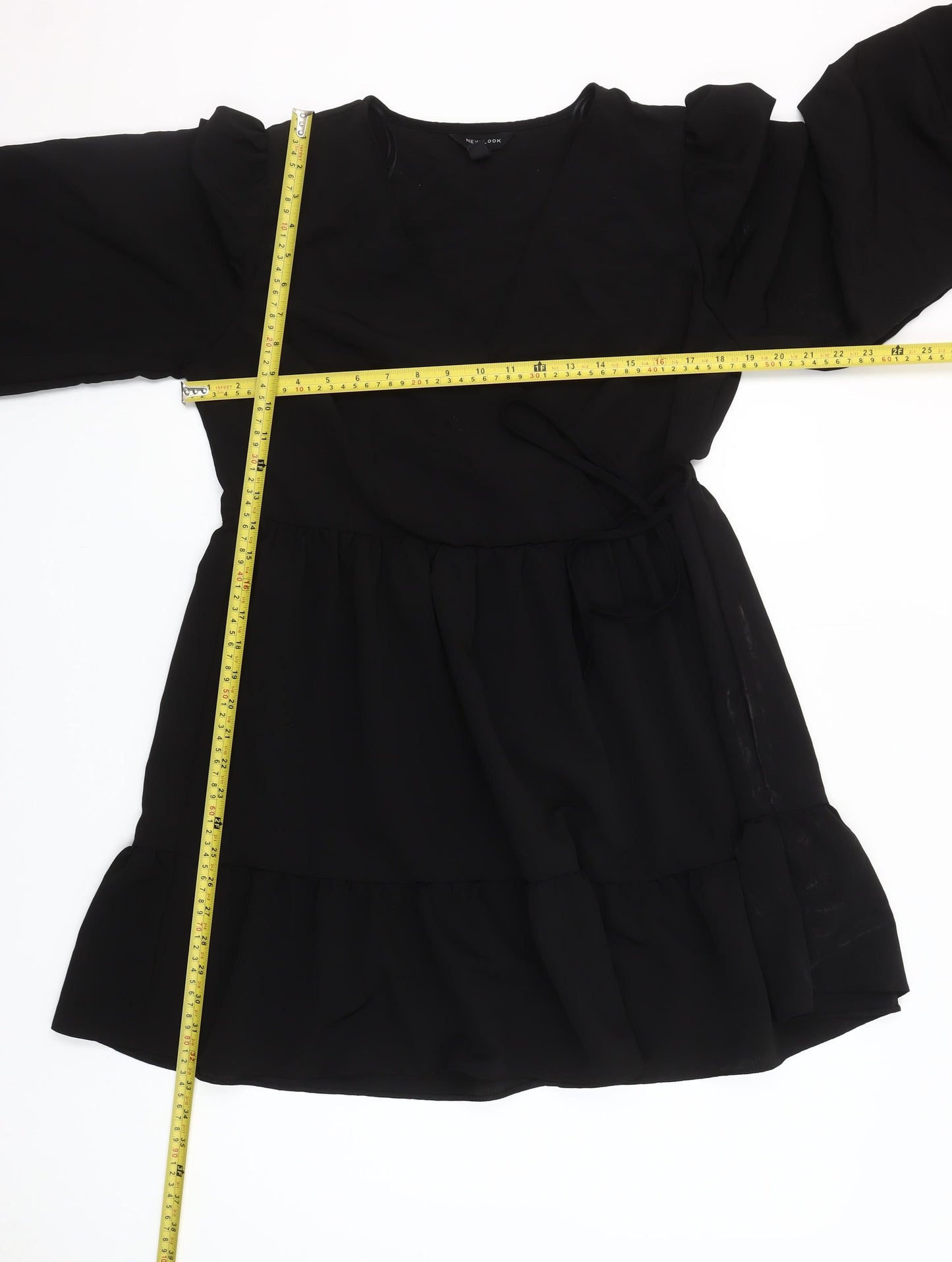 New Look Women’s Black Chiffon Wrap Dress Size 12 Long Sleeve Ruffle Hem
