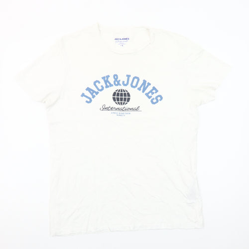 Jack & Jones Mens White Graphic Print Cotton Crew Neck T-Shirt L