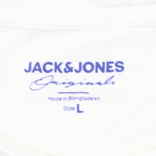 Jack & Jones Mens White Graphic Print Cotton Crew Neck T-Shirt L