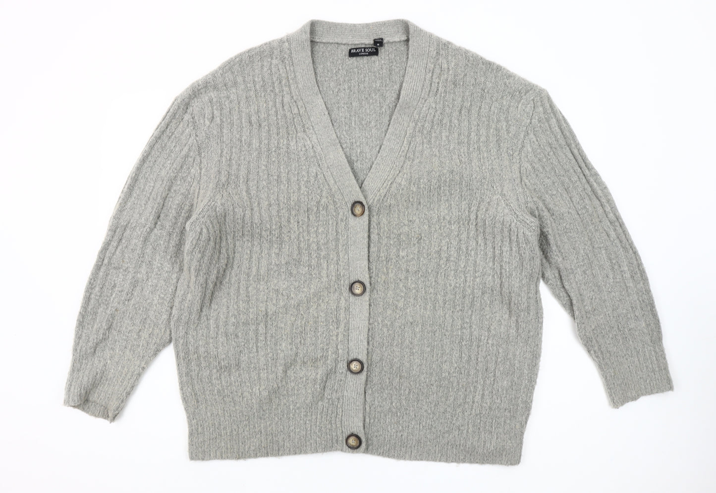 Brave Soul Womens Grey Size 16 Cable Knit V-Neck Button Cardigan