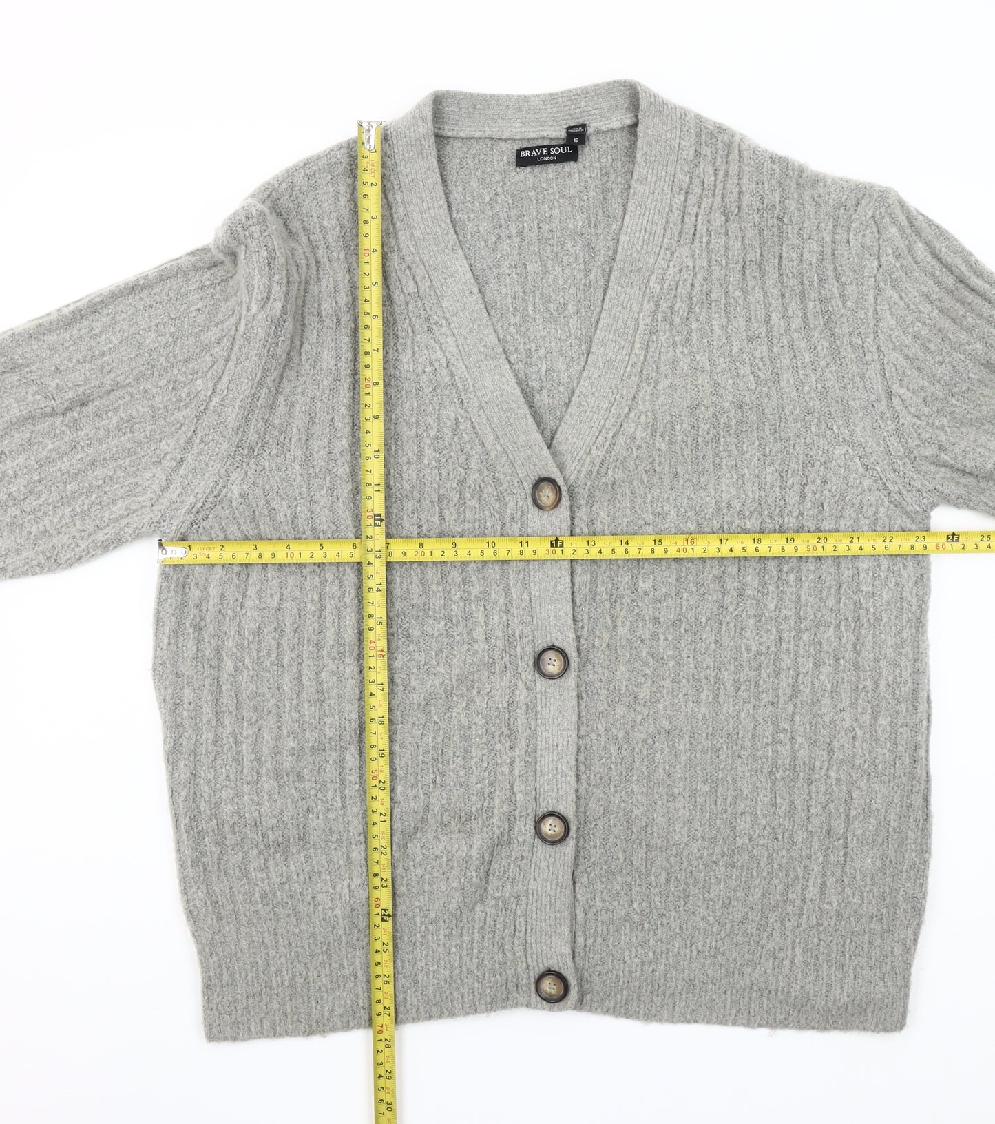 Brave Soul Womens Grey Size 16 Cable Knit V-Neck Button Cardigan
