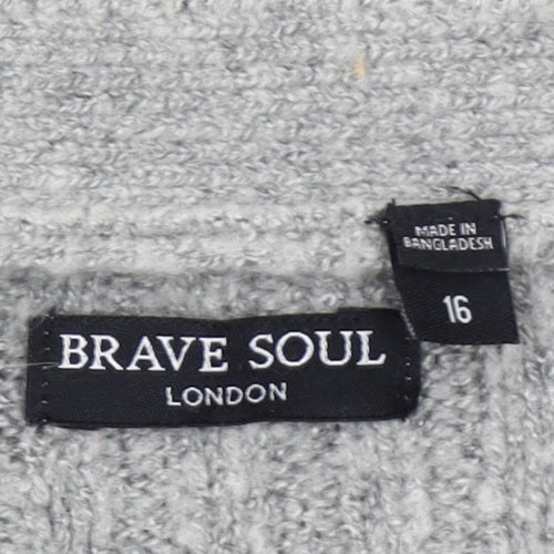 Brave Soul Womens Grey Size 16 Cable Knit V-Neck Button Cardigan