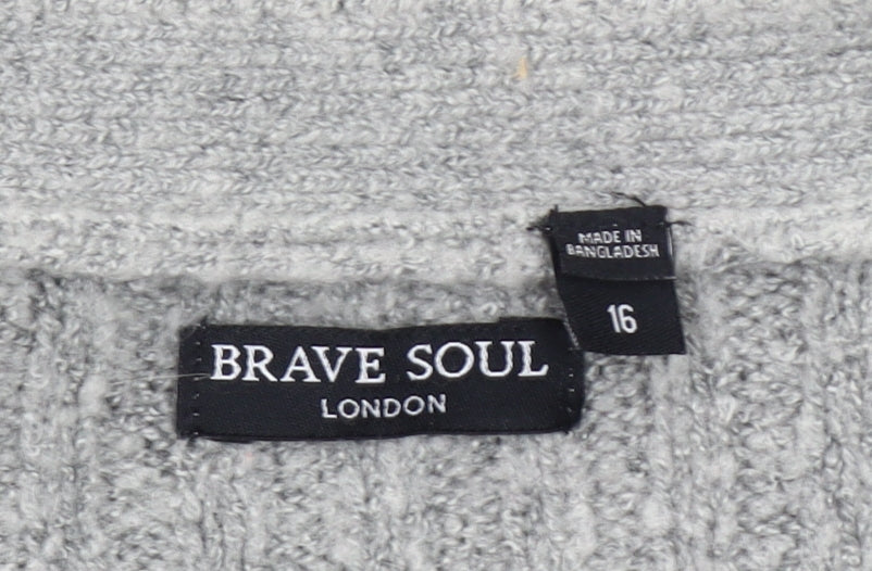 Brave Soul Womens Grey Size 16 Cable Knit V-Neck Button Cardigan