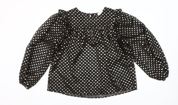 Savida Women’s Black Gold Polka Dot Long Sleeve Ruffle Blouse Size 10