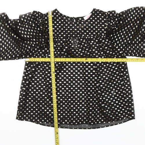 Savida Women’s Black Gold Polka Dot Long Sleeve Ruffle Blouse Size 10